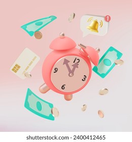 3d Time Management Business Concept Cartoon Style Alarm Clock and Floating Money, Coins Around. Vector illustration