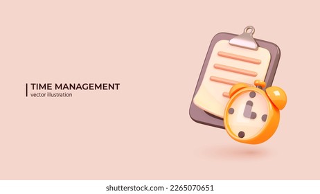 3d Time Management Concept. Realistic 3d design of Work organizer with Yellow Alarmclock. Project manager tools in cartoon minimal style. Vector illustration