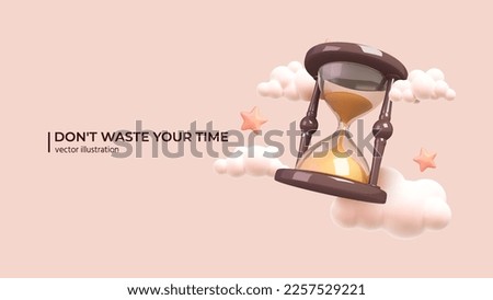 3D Time Management Concept. Realistic 3d design of Hourglass with Clouds and Stars. business timing, earn money, self organization, missed opportunities, day planning in cartoon Minimal style. Vector