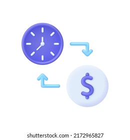El tiempo 3D es concepto de dinero. Moneda de dólar con reloj. Inversión a largo plazo, planificación financiera futura, fondo de ahorro de pensiones, soluciones financieras, condiciones de pago, gestión del tiempo. Vector de estilo 3d.