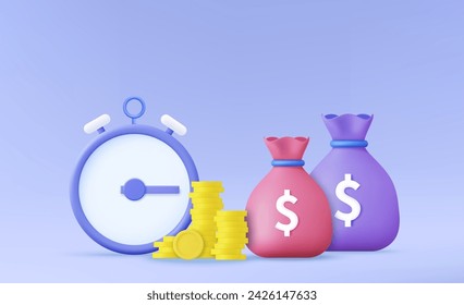 3d Time money inflation concept. Cash advance, provide money, financial period, annual payment, income growth, finance productivity, return on investment. 3d rendering. Vector illustration