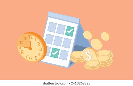 3D Ahorro de tiempo de dinero.temporizador o reloj con mucho dinero en préstamo o crédito y fecha de calendario.3d objetivo para negocios, bancos, finanzas, inversión, ilustraciones de dinero.