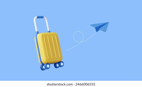 3d Time to travel concept,Booking airline tickets online with yellow suitcase,Tourism and travel plan to trip,holiday. 3d rendering. Vector illustration