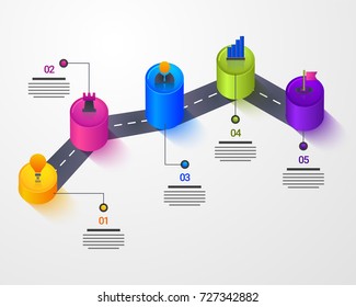 3D Timeline Infographics layout with Five (5) steps.
