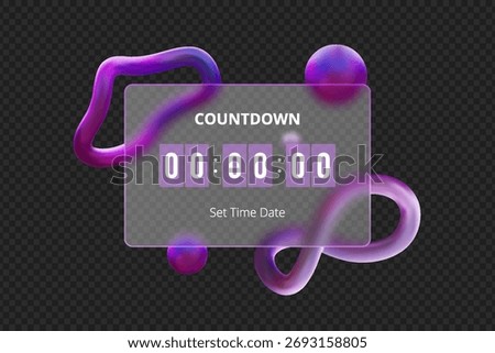 3D timer on a glass panel with volumetric, flowing purple shapes on a transparent black background, morphism. User interface. Web application. Vector cartoon illustration. Render.