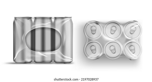 3D Tin Cans In Plastic Wrap Packaging. Aluminium Jars Front And Top View. EPS10 Vector