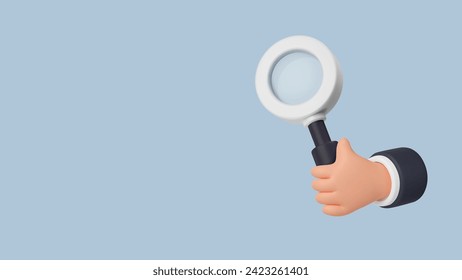 3d tiny businessman hand holding a magnifier. Search banner, business analysis, find job concept. Loupe render, detective glass tool. Vector illustration in cartoon and plastic style.