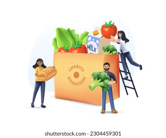 3D Tiny People Filling Cardboard Donation Box with Different Food and Products for Help to Poor People in Shelter, Support Social Care, Volunteering and Charity Concept. Cartoon 3D Vector Illustration