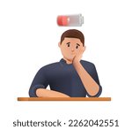 3D Tired student with Low power symbol. Depression, Man tired of hard working, sleepy at work, guy at office sits by the table. 3D cartoon realistic style vector design illustrations render