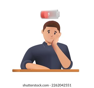 3D Tired student with Low power symbol. Depression, Man tired of hard working, sleepy at work, guy at office sits by the table. 3D cartoon realistic style vector design illustrations render