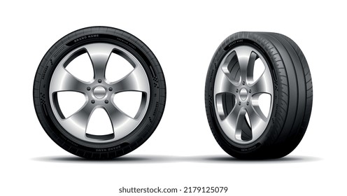 3D tires set. Collection of inventory for cars, transport wheels, vehicle. Design elements for Advertising banner or poster. Realistic isometric vector illustrations isolated on white background