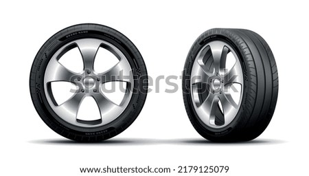 3D tires set. Collection of inventory for cars, transport wheels, vehicle. Design elements for Advertising banner or poster. Realistic isometric vector illustrations isolated on white background