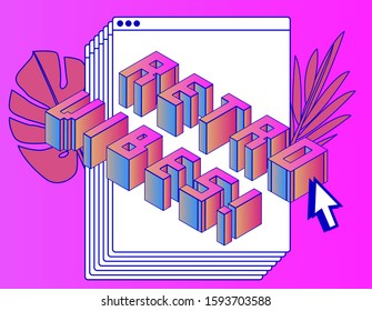 3D title "Retro Vibes" in neon colors with composition of tropical palm leaves and UI elements. Retrofuturistic print for cover, poster and t-shirt in Vaporwave 80's-90's style.