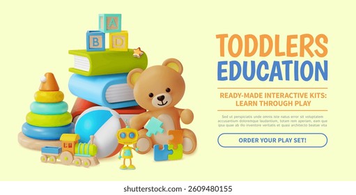 3d Toddlers Education Concept Ready Made Interactive Kids Learn Through Play Ads Banner Poster Card. Vector illustration