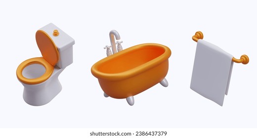 3D toilet with raised lid, bathtub with faucet, towel holder. Isolated color vector image, top view. Sanitary ware and accessories. Unmarked surfaces, space for brand