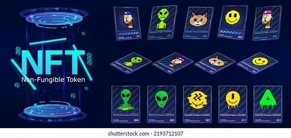 3D token NFT cards in crypto artwork. NFT maps with art in perspective, top view in isometric and frontal view. Non-fungible token with information from the blockchain. ERC20. 3D pixel arts. Vector