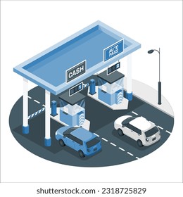 3D-Straße. Checkpoint auf der Mautstraße mit Barriere und Stand. Zahlungsraum mit Transport. Rücken- und Vorderansicht. Vektorgrafik. Pay Road Toll Card Poster Straßenverkehrskonzept