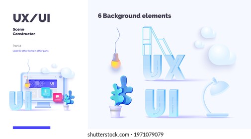 3d toolkit-UI UX scene creator. Part Application design. Smartphone and desktop mockup with active blocks and connections. Creation of the user interface. Modern vector illustration 3d style