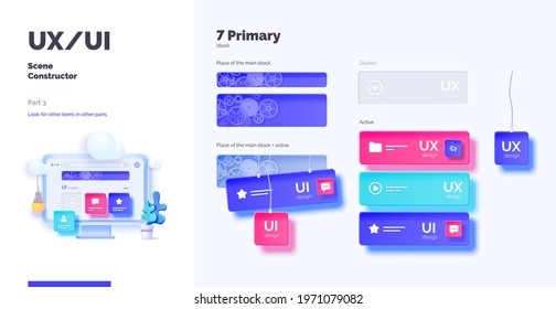 3d toolkit-UI UX scene creator. Part Application design. Smartphone and desktop mockup with active blocks and connections. Creation of the user interface. Modern vector illustration 3d style