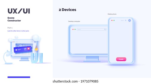 3d toolkit-UI UX scene creator. Part Application design. Smartphone and desktop mockup with active blocks and connections. Creation of the user interface. Modern vector illustration 3d style