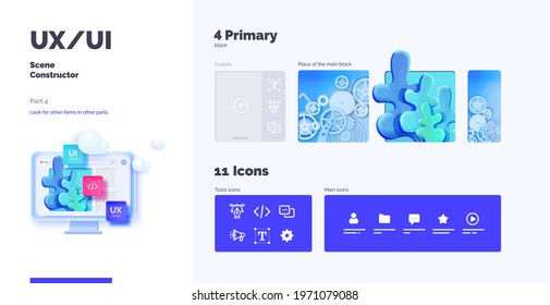 3d toolkit-UI UX scene creator. Part Application design. Smartphone and desktop mockup with active blocks and connections. Creation of the user interface. Modern vector illustration 3d style