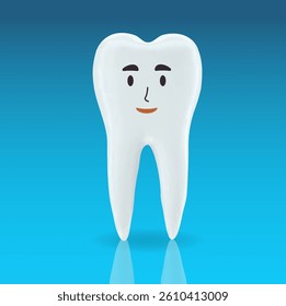 3d tooth character isolated on a blue background. Realistic tooth smiling character