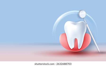 Dente 3D e espelho dentário com anatomia gengiva sobre fundo macio. Perfeito para tratamentos dentários, higiene bucal, apresentação médica e visuais de propaganda clínica profissional. design vetorial.