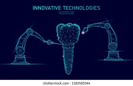 3d tooth innovation robot arm polygonal concept. Stomatology symbol low poly triangle abstract oral dental medical care business. Connected dot particle modern render blue vector illustration