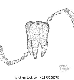 3d tooth innovation robot arm polygonal concept. Stomatology symbol low poly triangle abstract oral dental medical care business. Connected dot particle modern render white vector illustration