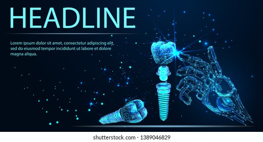 3d tooth innovation robot arm polygonal concept. Stomatology symbol low poly triangle abstract oral dental medical care business 