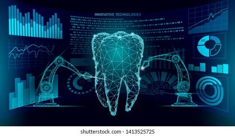 3d tooth innovation robot arm polygonal concept. Stomatology symbol low poly triangle abstract oral dental medical care business. Connected dot particle modern render blue vector illustration