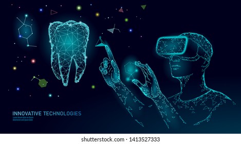 3d Tooth Innovation Virtual Reality Polygonal Concept. Stomatology Symbol Low Poly Triangle. Abstract Oral Dental Medical Care Business. Connected Dot Particle Modern Vector Illustration