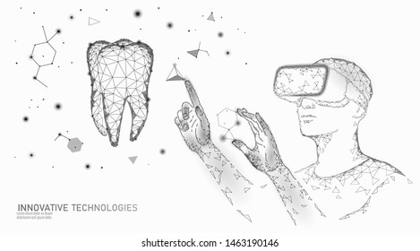 3d Tooth Innovation Virtual Reality Polygonal Concept. Stomatology Symbol Low Poly Triangle. Abstract Oral Dental Medical Care Business. Connected Dot Particle Modern Vector Illustration