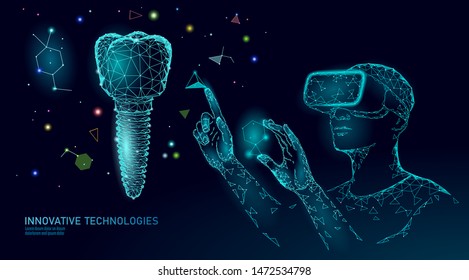 3d Tooth Innovation Virtual Reality Polygonal Concept. Dentistry Implant Symbol Low Poly Triangle. Abstract Oral Dental Medical Care Business. Connected Dot Particle Modern Vector Illustration