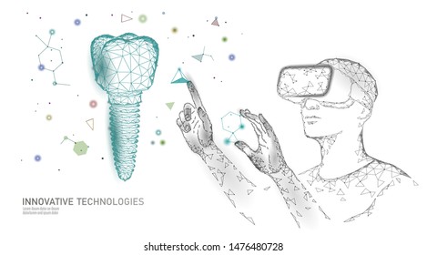 3d Tooth Innovation Virtual Reality Polygonal Concept. Dentistry Implant Symbol Low Poly Triangle. Abstract Oral Dental Medical Care Business. Connected Dot Particle Modern Vector Illustration