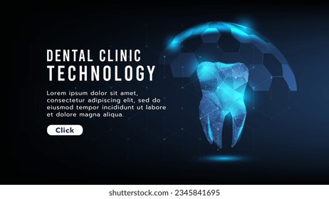 3d Tooth in low polygon design.Stomatology dental protection, treatment in clinic or hospital.Healthcare and medical.Hi-tech, futuristic and digital technology background concept.Vector illustration.