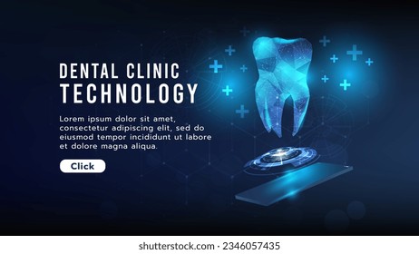 3 d Diente en diseño de polígono bajo.Protección dental estomatológica, tratamiento en clínica u hospital.Salud y medicina.Concepto de fondo tecnológico de alta tecnología, futurista y digital.Ilustración vectorial.