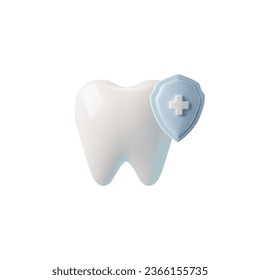 3D tooth with medical mark shield. Dental hygiene, anti-caries protection and dentistry prevention, stomatology concept. Realistic vector good dental health 3d icon isolated on white background.