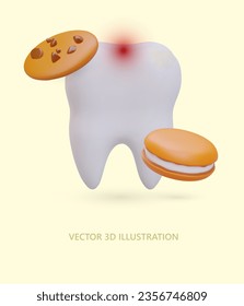 3D tooth, sweet cookie. Violation of oral hygiene. Tooth enamel damage, pain. Excessive consumption of sweets. Vertical poster with color illustration, place for text