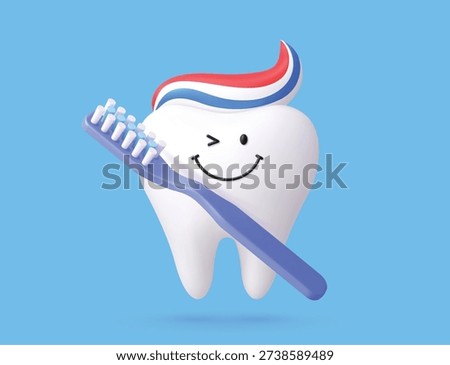3d tooth with toothbrush, dental care cute mascot character with tooth brush. Vector smiling healthy tooth cartoon personage of dental care, hygiene, oral health, dentistry clinic and hygiene routine