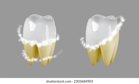 Icono de higiene del blanqueamiento dental 3d. Limpieza en placa dental con láser, pasta dental, para la protección de la cavidad, sonrisa brillante, cuidado del esmalte