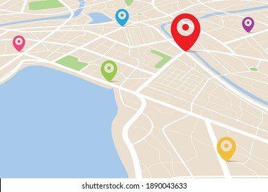 3D top view of a map with destination location point, Aerial clean top view of the day time city map with street and river, Blank urban imagination map, GPS map navigator concept, vector illustration