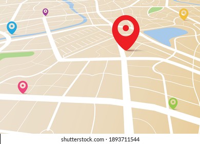 3D top view of a map with destination location point, Aerial clean top view of the day time city map with street and river, Blank urban imagination map, GPS map navigator concept, vector illustration