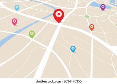 3D top view of a map with destination location point, Aerial clean top view of the day time city map with street and river, Blank urban imagination map, GPS map navigator concept, vector illustration