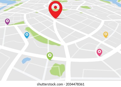 3D top view of a map with destination location point, Aerial clean top view of the day time city map with street and river, Blank urban imagination map, GPS map navigator concept, vector illustration