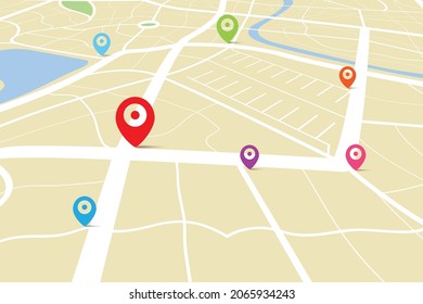 3D top view of a map with destination location point, Aerial clean top view of the day time city map with street and river, Blank urban imagination map, GPS map navigator concept, vector illustration