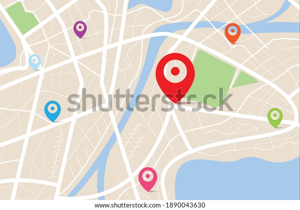 3D top view of a map with destination\
location point, Aerial clean top view of the day time city map with\
street and river, Blank urban imagination map, GPS map navigator\
concept, vector\
illustration