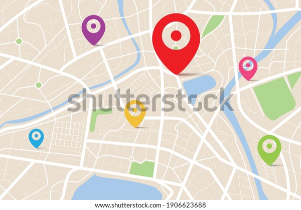 3D top view of a map with destination\
location point, Aerial clean top view of the day time city map with\
street and river, Blank urban imagination map, GPS map navigator\
concept, vector\
illustration