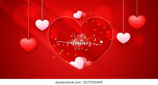 3D top view Valentine's Day poster design template on gradient background.  Abstract Happy Valentine's Day banner design with a realistic heart and gift box on a red gradient background. Love day 