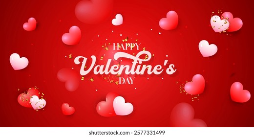 3D top view Valentine's Day poster design template on gradient background.  Abstract Happy Valentine's Day banner design with a realistic heart and gift box on a red gradient background. Love day 